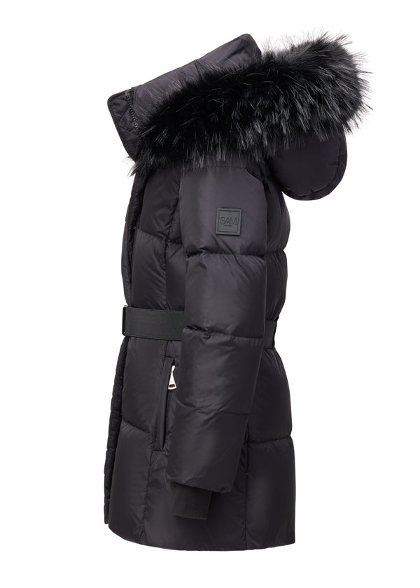 GIRLS SKYE A black puffer coat with a belted waist, featuring a large black fur-trimmed hood and a small square brand patch on the upper sleeve, shown against a plain white background.
