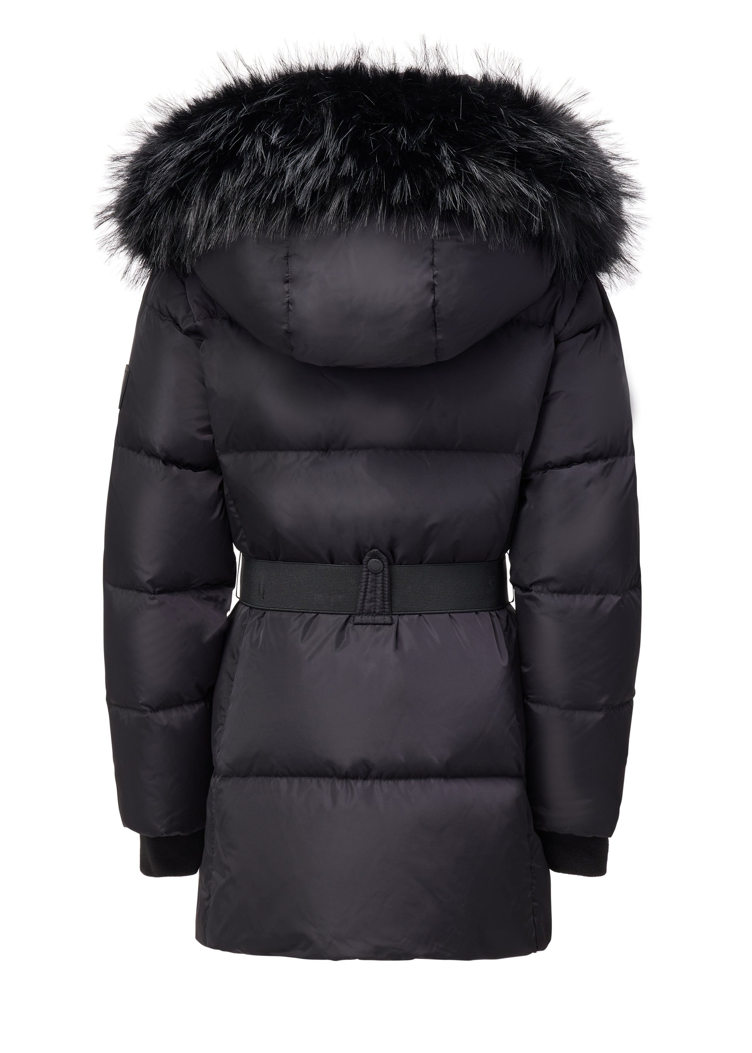 GIRLS SKYE A black puffer coat with a belted waist, featuring a large black fur-trimmed hood from the back shown against a plain white background.