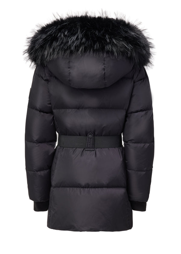 GIRLS SKYE A black puffer coat with a belted waist, featuring a large black fur-trimmed hood from the back shown against a plain white background.