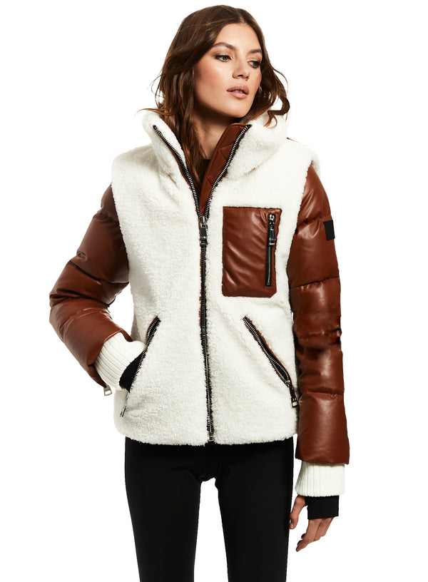 Sam. Women's Allegra Faux Leather Puffer Coat - Brown - Size M - Saddle/White
