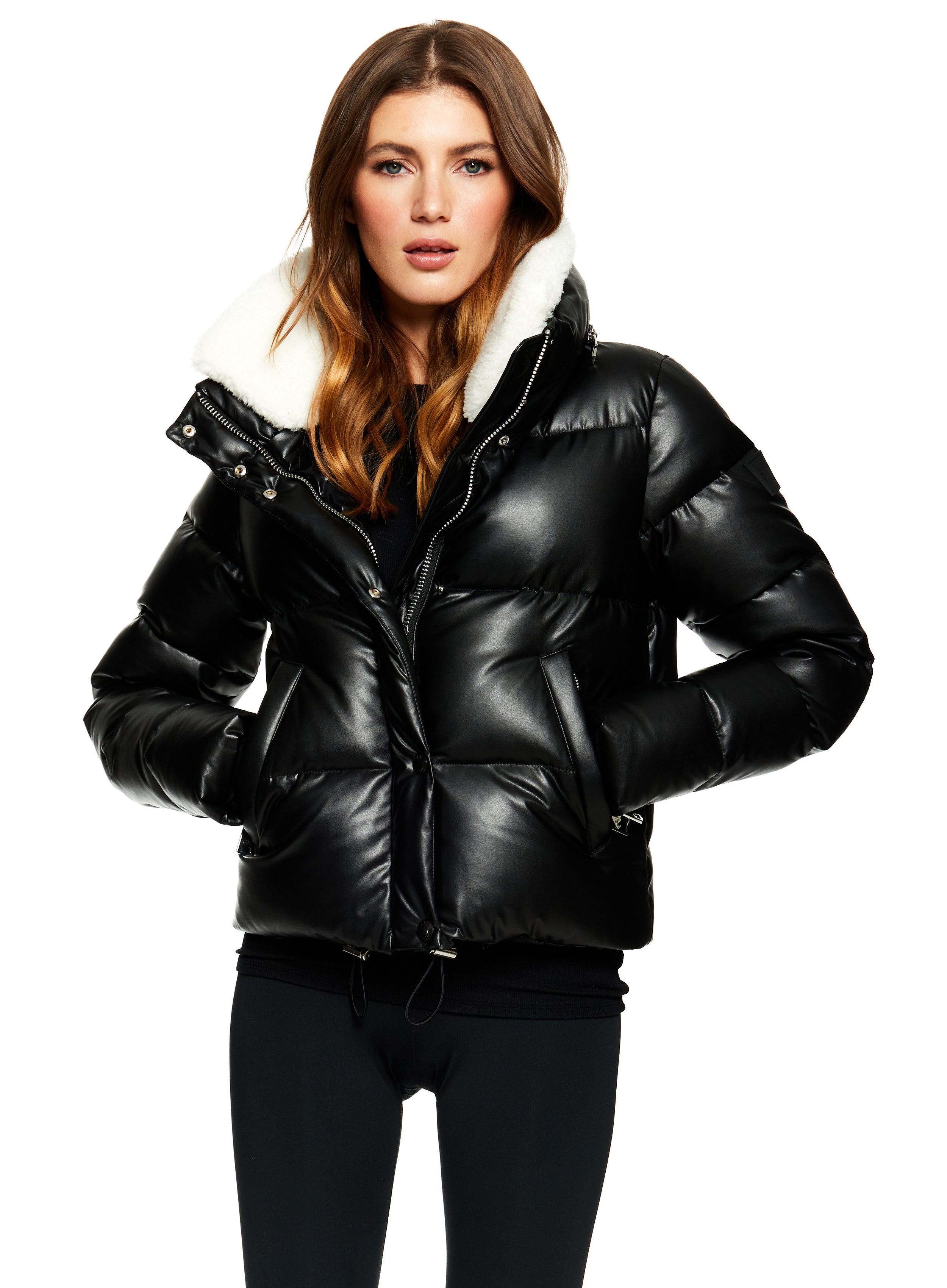 Women's Vegan Leather Puffer Jacket Black Regular Size XL