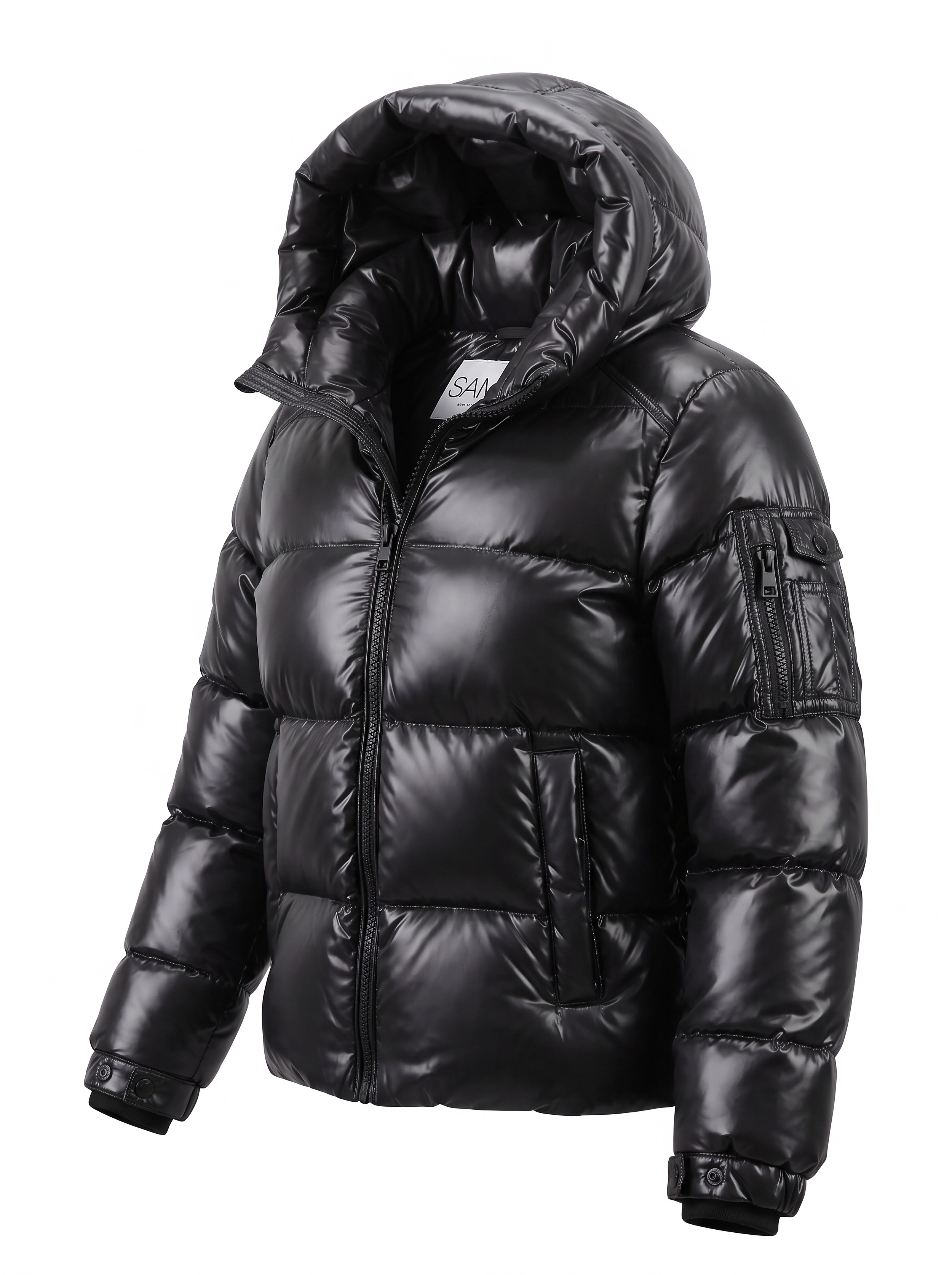 BOYS PARKER A shiny black hooded puffer jacket with horizontal quilting, a front zipper, and zippered sleeve pockets, shown on a plain white background.