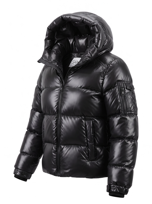 BOYS PARKER A shiny black hooded puffer jacket with horizontal quilting, a front zipper, and zippered sleeve pockets, shown on a plain white background.