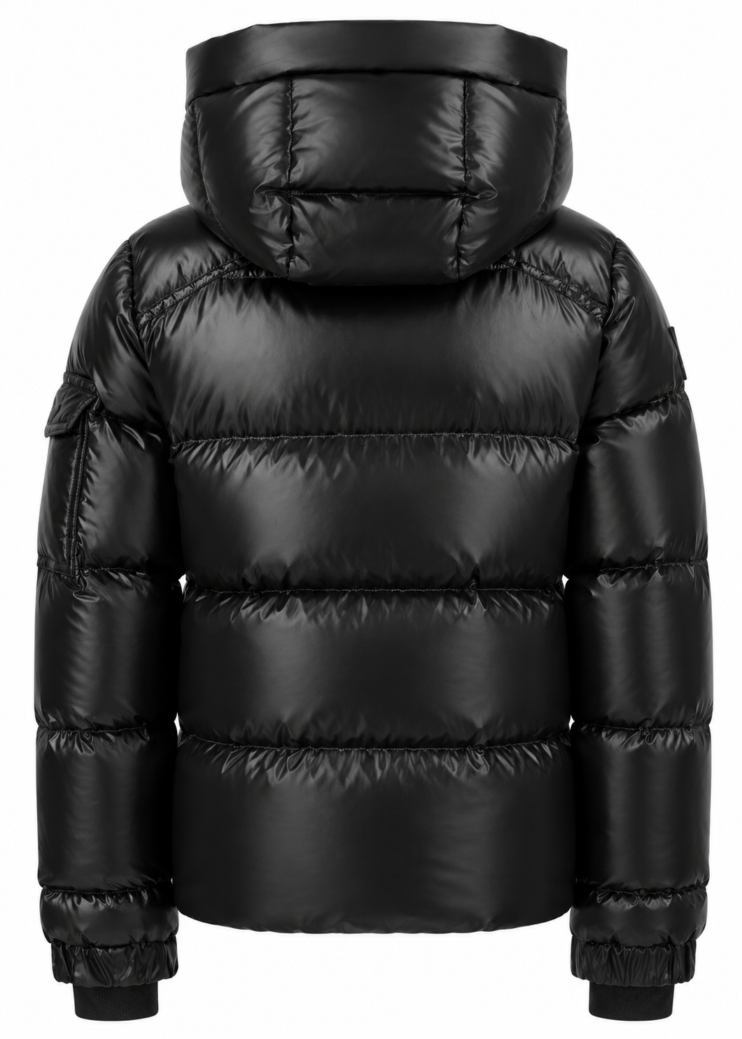 BOYS PARKER A black puffer jacket with horizontal quilting, a large hood, and elasticized cuffs, shown from the back on a plain white background.
