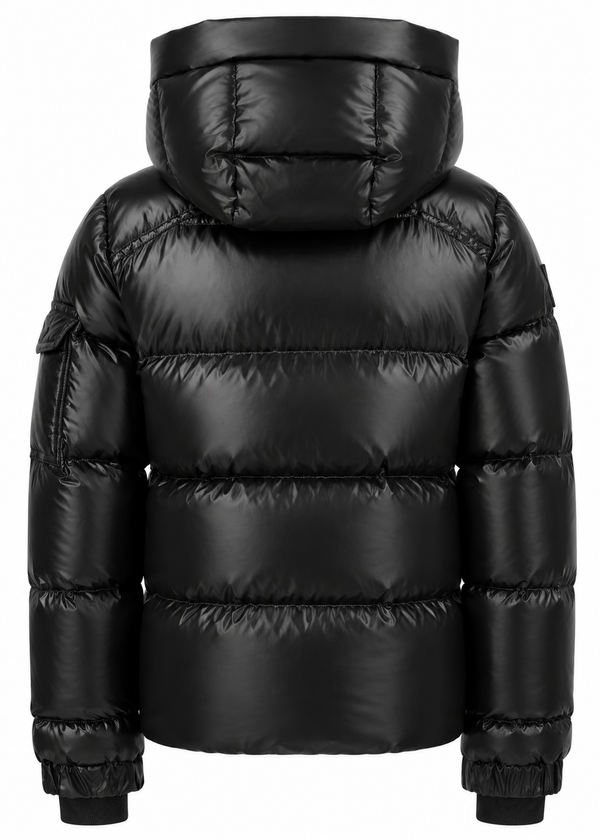 BOYS PARKER A black puffer jacket with horizontal quilting, a large hood, and elasticized cuffs, shown from the back on a plain white background.