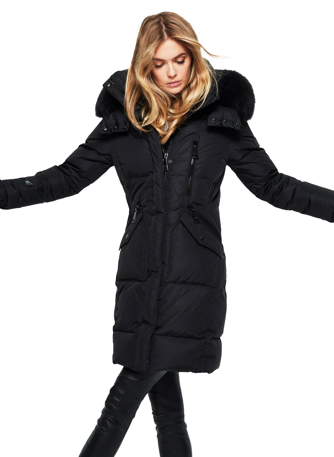Sam. Longline Quilted Down Jacket with Removable Faux Fur Trim Hood in Black