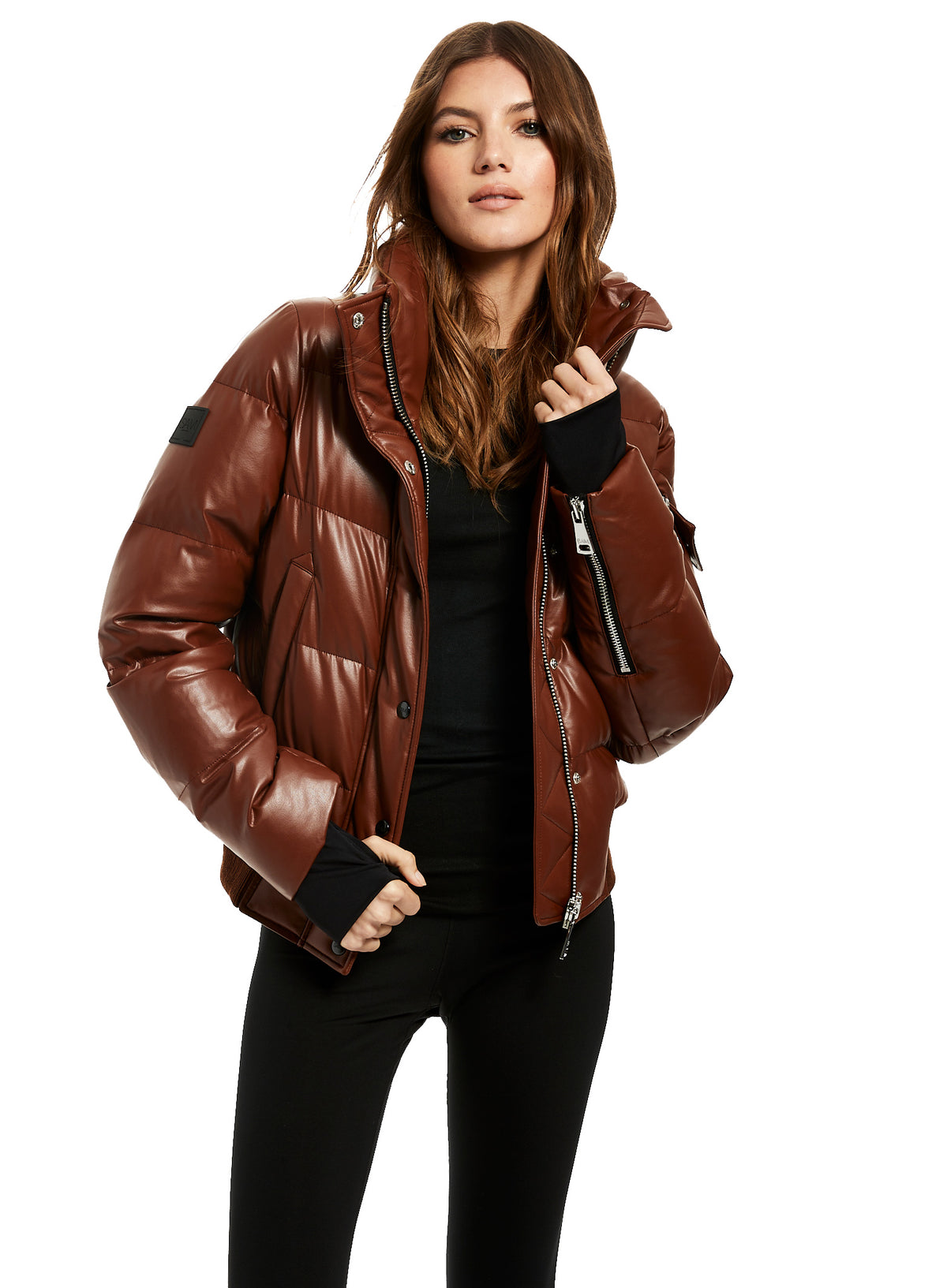 Sam New York Womens Vegan Leather Cori Puffer Jacket in Brandy Tan Brown Brandy / S