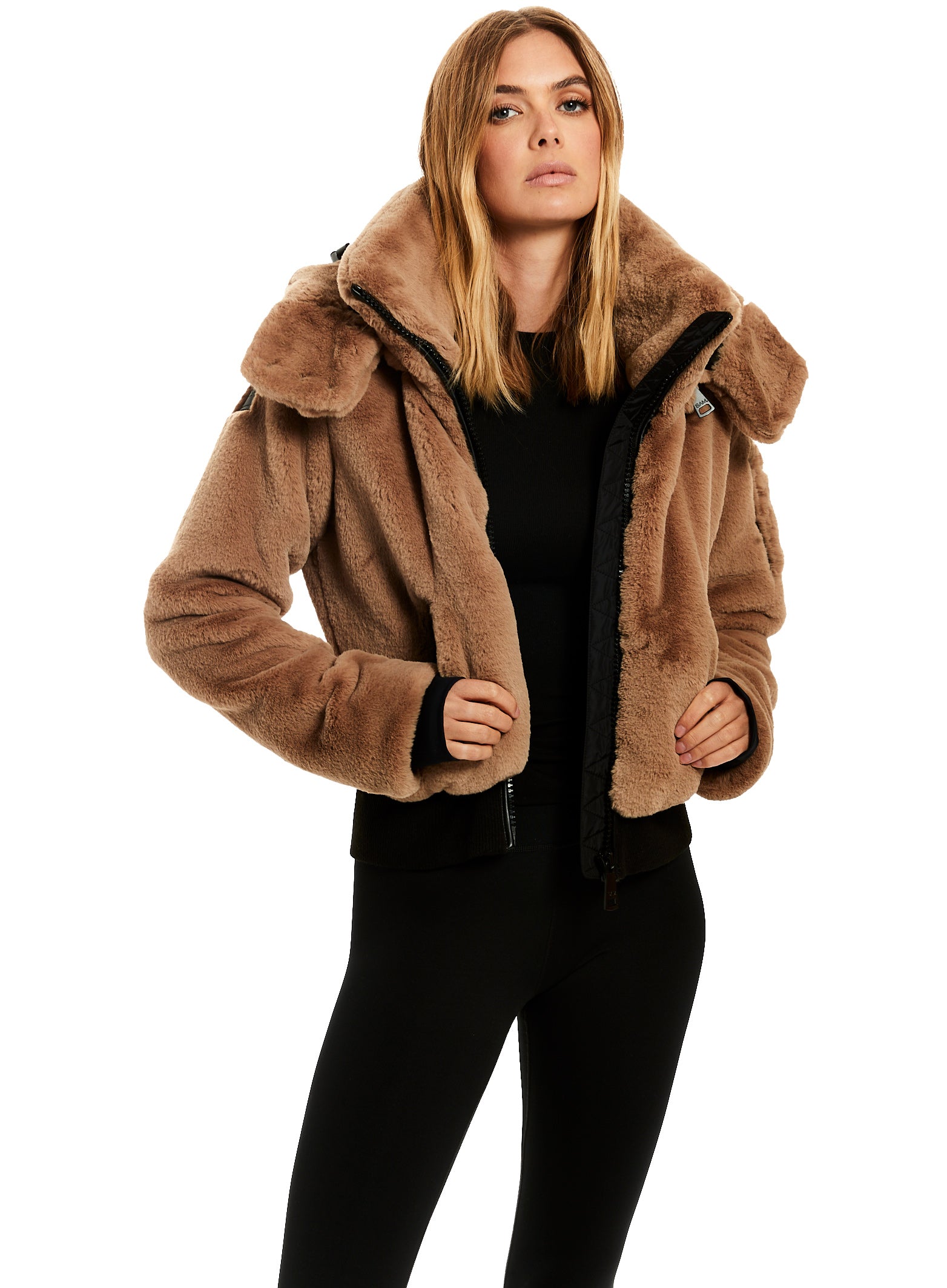 Open Arms Hooded Faux Fur Cropped Jacket - Taupe - Swank A Posh