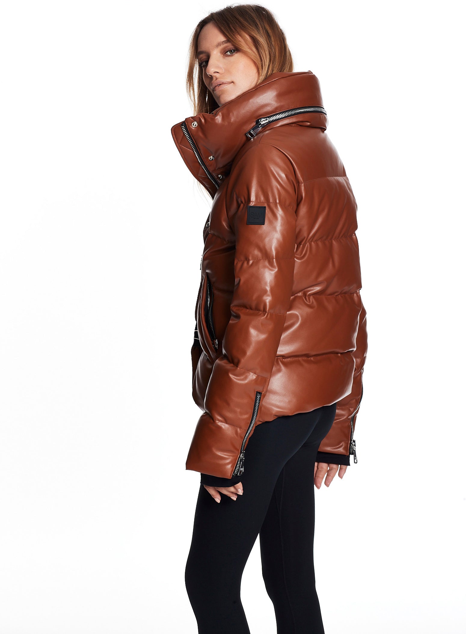 Sam. Isabel Faux Leather Puffer Coat Brown